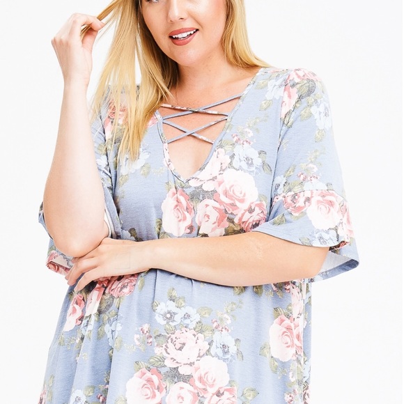 Tops - 🎉 2X HP PLUS DUSTY BLUE FLORAL BELL SLV BOHO TOP